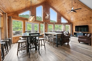 Smart TV, fireplace, DVD player, foosball