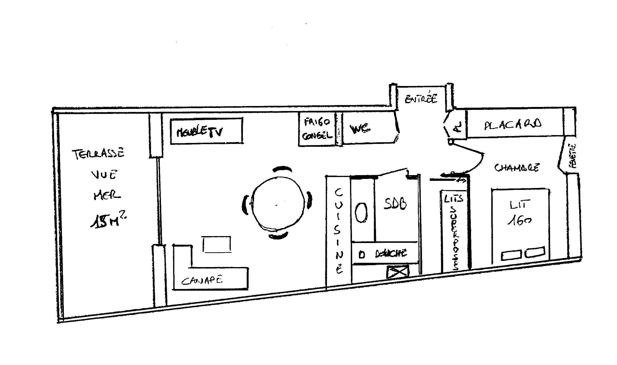 A simple floor plan of a hotel room with a TV, minibar, and a small dining area.