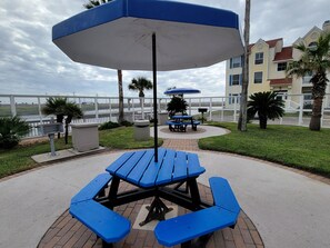 A picnic table with a blue umbrella, surrounded by a paved walkway, palm trees, and a view of a body of water and buildings in the background.