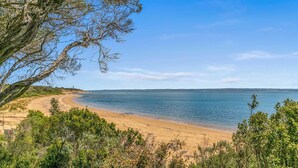 Una playa costera con vista clara al mar, orillas de arena y vegetación circundante.