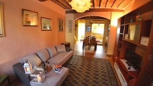 A cozy living room with a sofa, a coffee table with books and a birdcage, a patterned rug, and a wooden bookshelf. - Beautiful apartment for 7 people with A/C, WIFI, TV and panoramic view (Lucca)