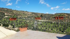 A terrace with a view of a hilly landscape, a metal fence, and potted plants.