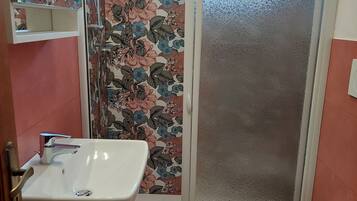 Shower, hair dryer, soap, shampoo