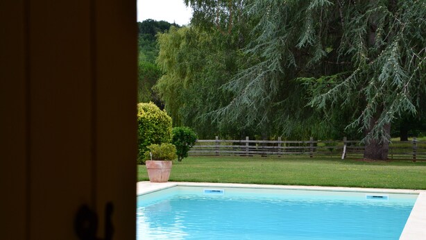 Una piscina con terraza de madera y vistas a un área verde con árboles y una cerca.