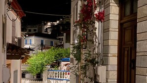 A narrow street with buildings on both sides, a wooden door on the right, and a potted plant in the foreground. - Daskios House , Skopelos Chora, a fully equipped house ideal for 2-3 guests (Skopelos)