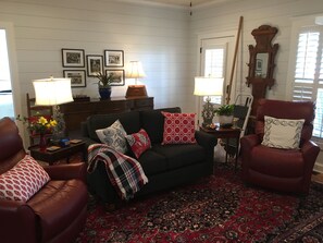 Smart TV, fireplace, books