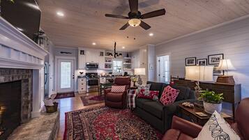 Smart TV, fireplace, books