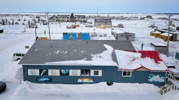 A building with a snow-covered roof and a mural of polar bears.