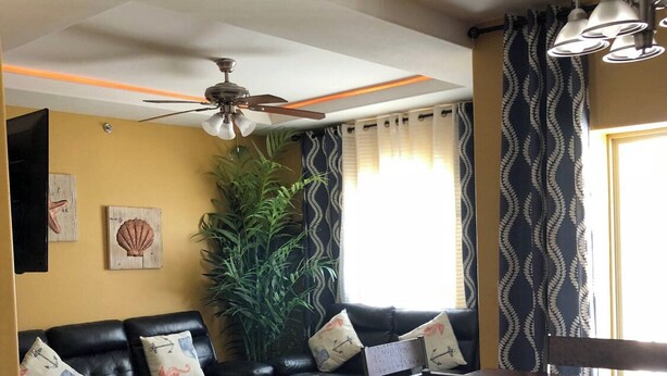 Een moderne woonkamer met een zwarte leren bank, een salontafel met glazen blad, een plafondventilator en een grote potplant.
