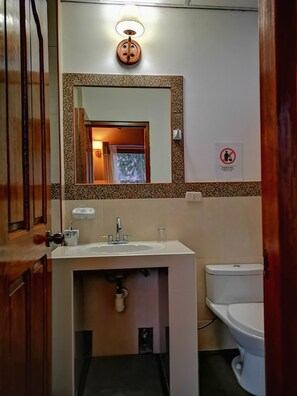 Shower, towels, soap, toilet paper