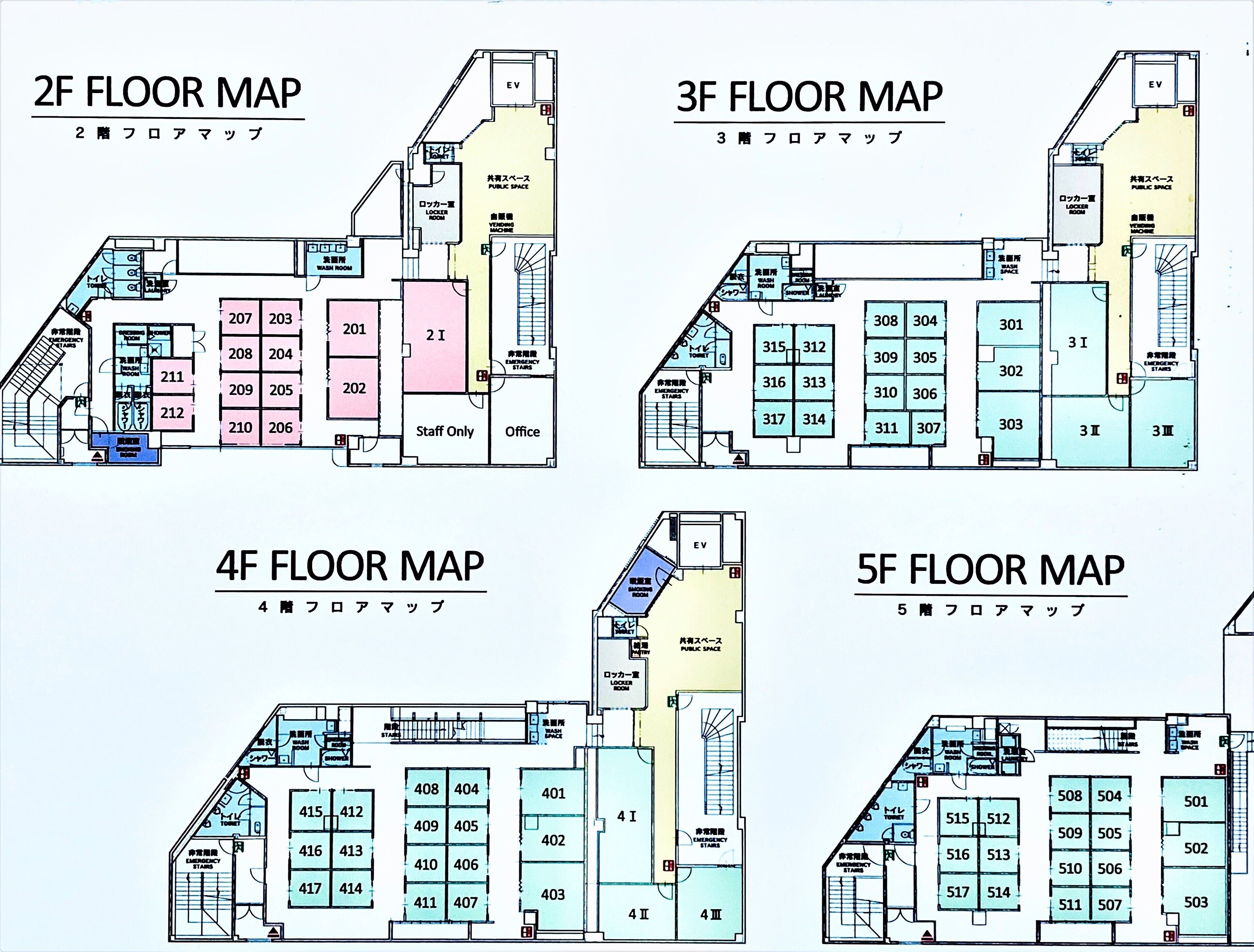 Plattegronden van een hotel met meerdere verdiepingen, elk voorzien van een nummer en diverse kamers en faciliteiten, zoals openbare ruimtes, noodtrappen en zones uitsluitend voor personeel.
