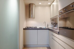 Fridge, oven, dishwasher, cookware/dishes/utensils