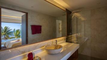 Luxury Villa, 1 King Bed, Sea View | Bathroom | Combined shower/bathtub, jetted bath, rainfall showerhead