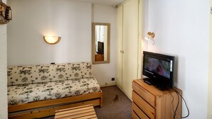 Et lille, hyggeligt værelse med en sofa, et fjernsyn på et træstel og et spejl på væggen.