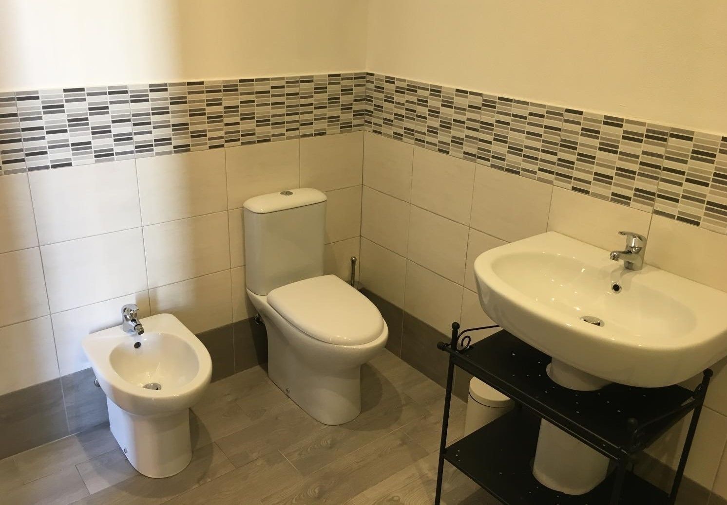 Une salle de bain équipée de toilettes, d’un bidet et d’un grand lavabo.