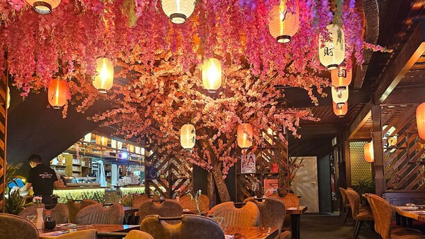 A restaurant with tables and chairs, hanging lanterns, and a bar area in the background. - Schloßschenke (Idar-Oberstein)