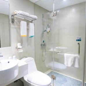 A modern bathroom with a glass-enclosed shower, a white sink, and a toilet. - Vyluk Hotel Zhuhai Gongbei (Zhuhai)