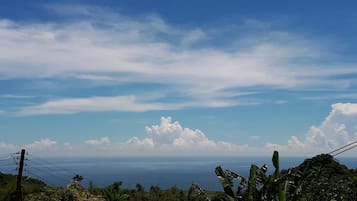 A tropical landscape with a clear view of the ocean and scattered clouds.