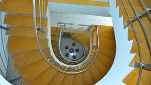 Una escalera de caracol con peldaños amarillos y barandillas metálicas, que conduce a un espacio central con plantas en macetas.