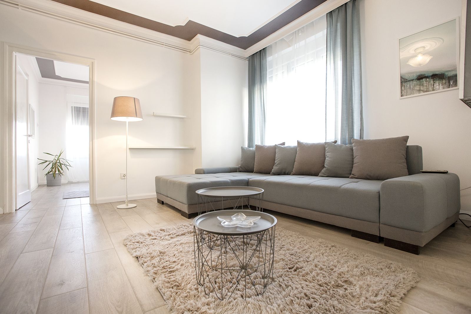 A modern living room with a grey sofa, a round coffee table, and a fluffy rug.