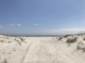 Ein sandiger Küstenpfad, der zum Meer führt, gesäumt von Dünen.