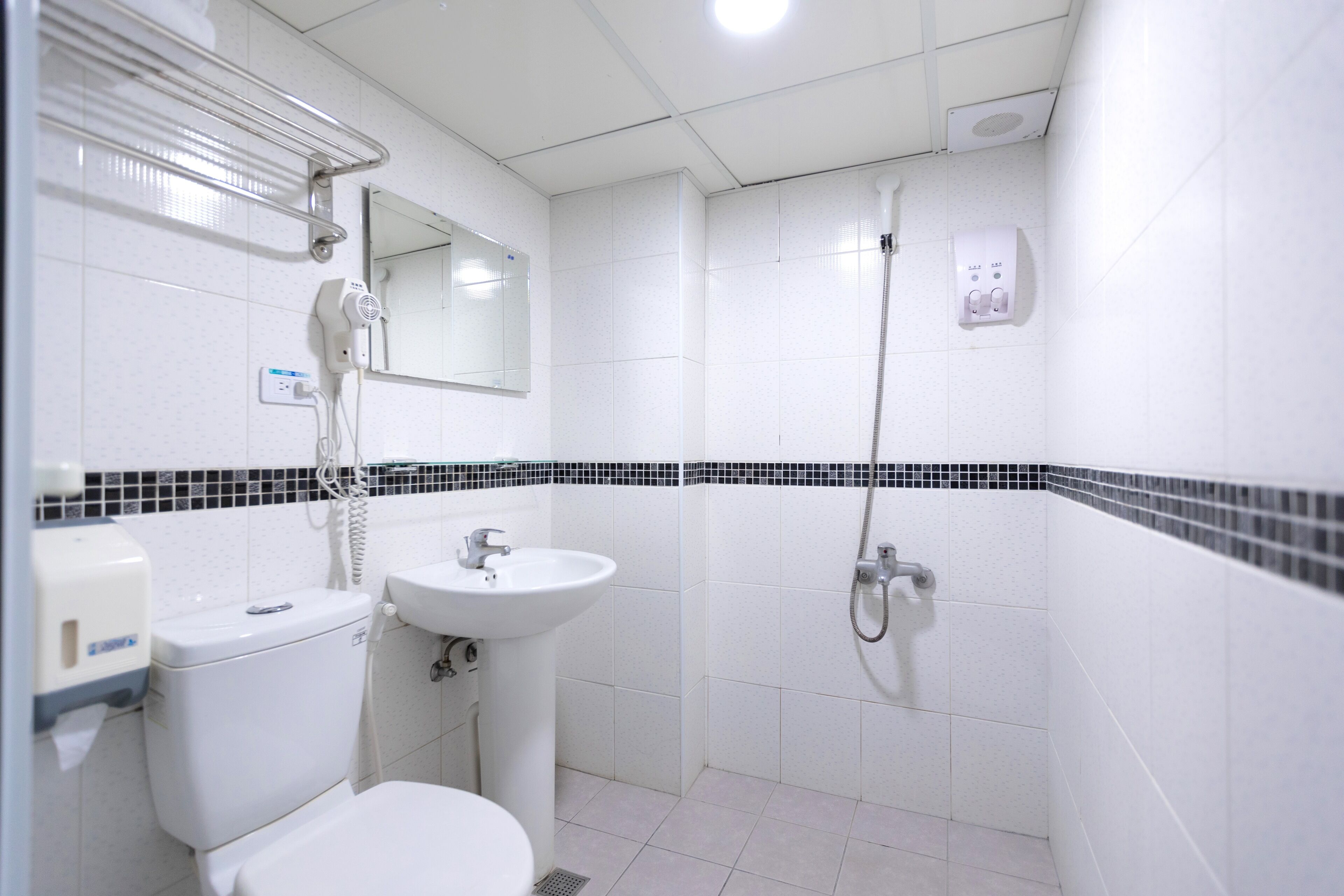 A bathroom with a toilet, sink, and shower.