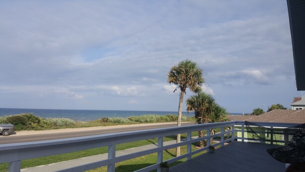 A balcony with a view of the ocean and a palm tree. - Unique Ocean Front Beach House (Flagler Beach)