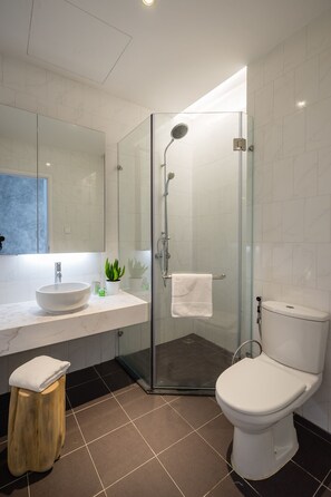 Shower, hair dryer, bidet, towels
