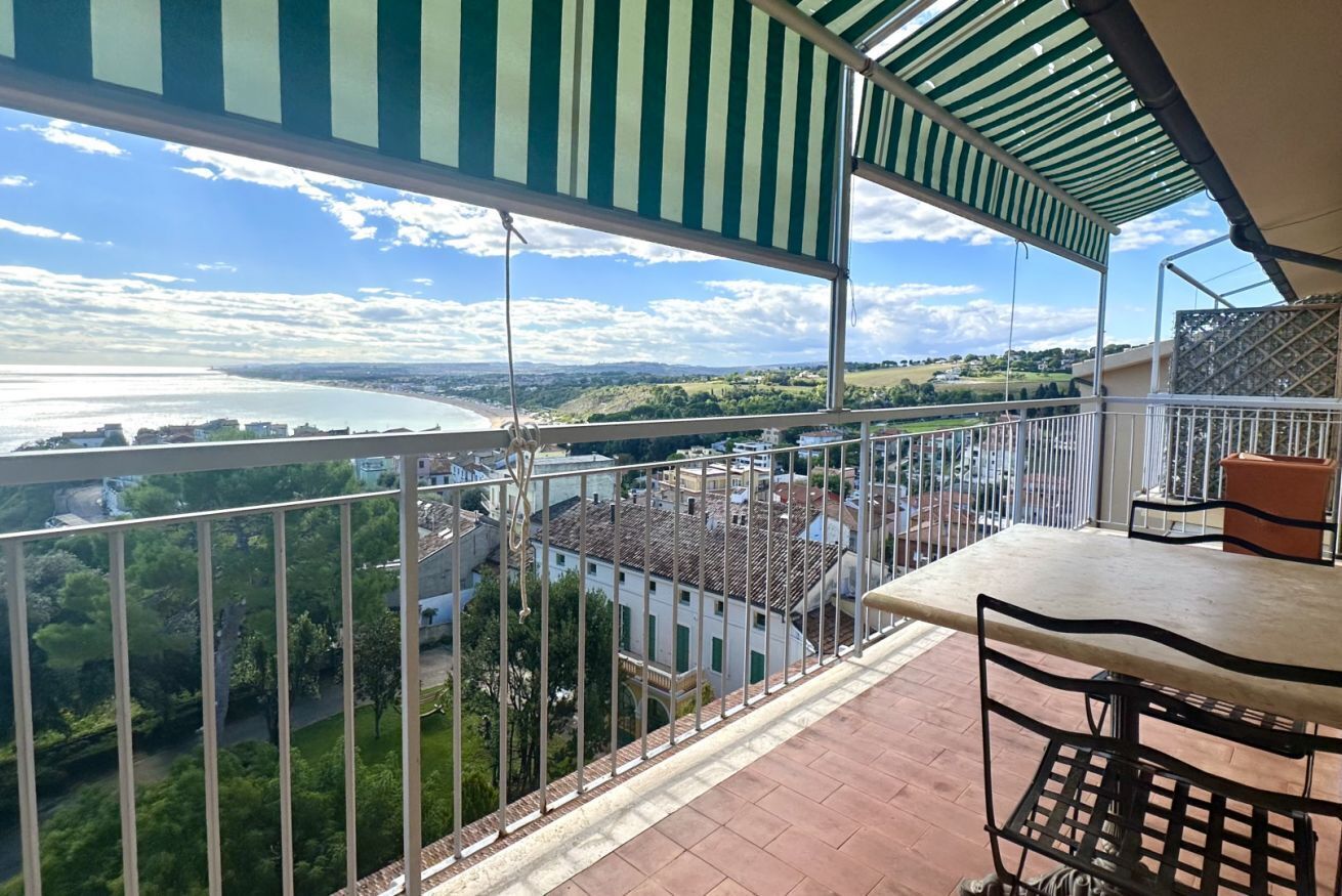 A balcony with a view of a body of water, greenery, and buildings.