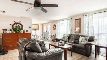 Smart TV, fireplace, books, stereo