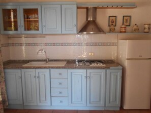 Fridge, stovetop, dishwasher, coffee/tea maker