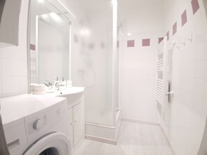 Regadera, secadora de cabello, jabón, papel de baño 
