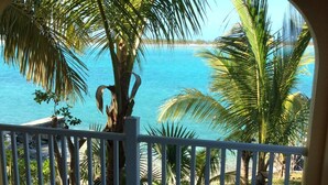 Ein Balkon mit Blick auf das Meer, Palmen und ein blauer Liegestuhl.