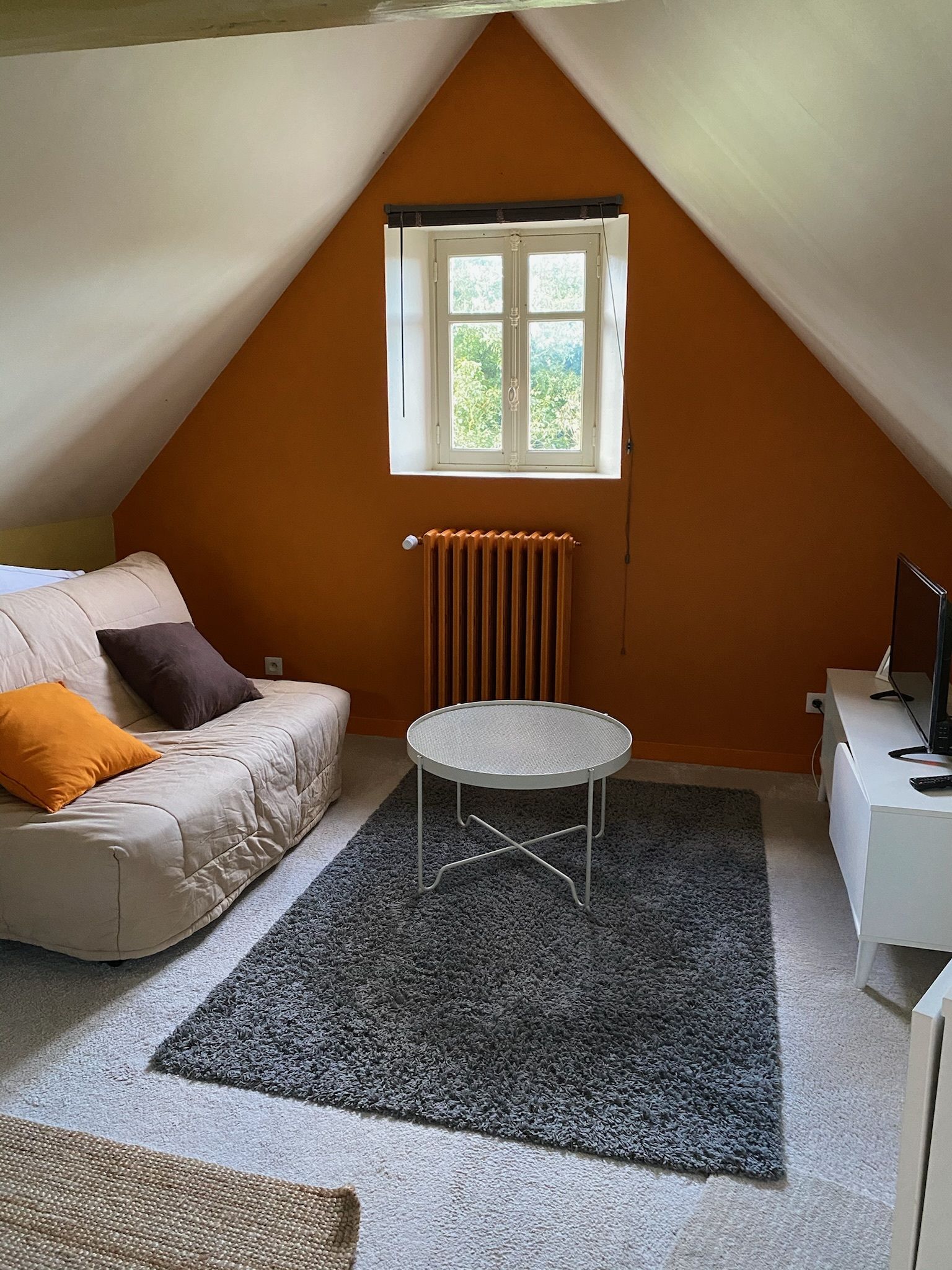 Une pièce chaleureuse avec un plafond en pente, une fenêtre, un radiateur, un canapé avec des coussins, une petite table ronde et un téléviseur posé sur un meuble.