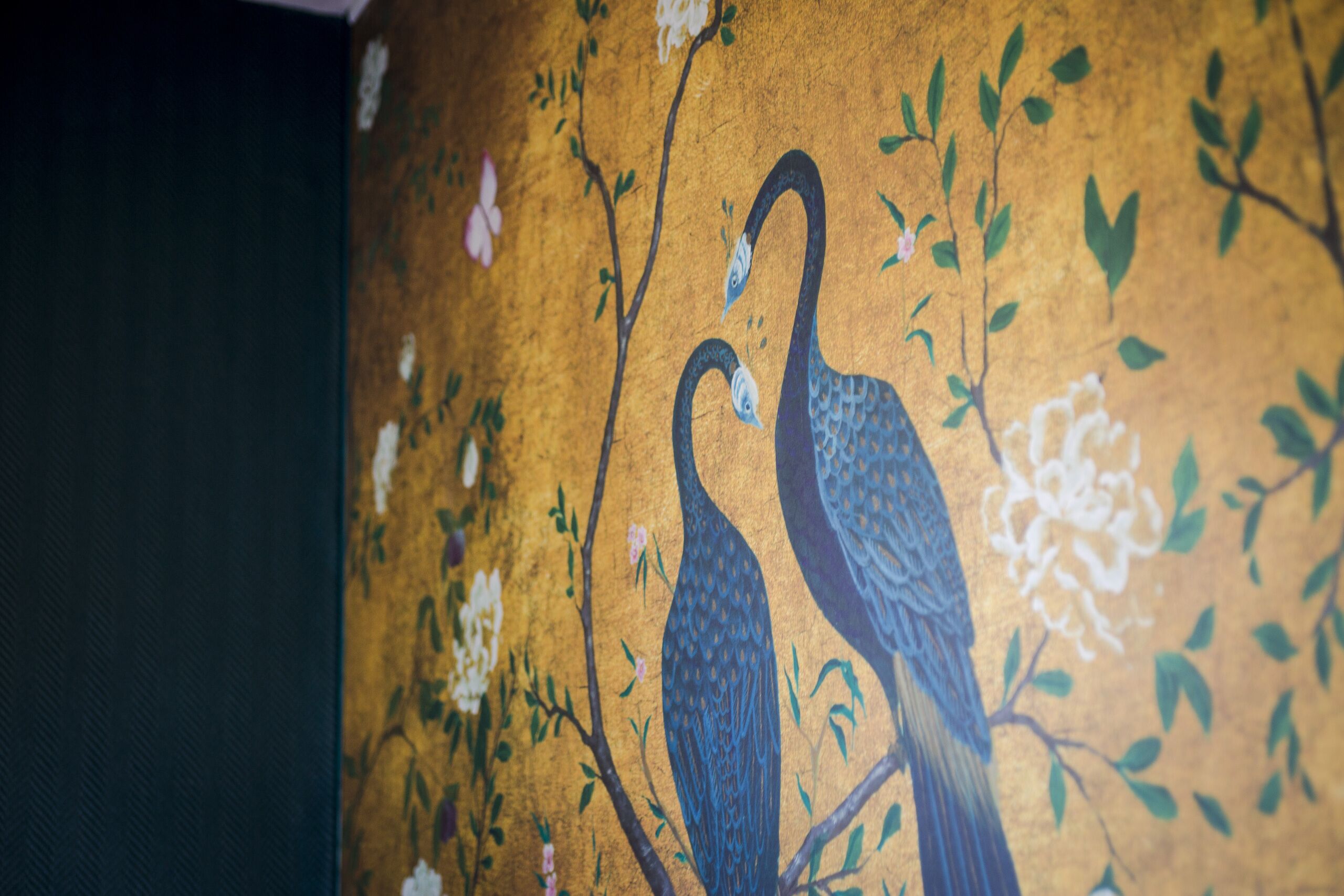 A wall with a mural of two birds on a branch.