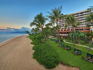 A beachfront hotel with a pool area, palm trees, and a view of the ocean.