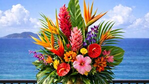 A table with a vase of tropical flowers and two glasses of white wine, set on a balcony with a view of the ocean.