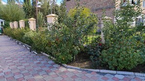 A paved pathway lined with lush greenery and a brick building in the background. - Tagaytay Karakol Hotel (Karakol)