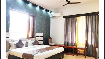 Desk, laptop workspace, blackout curtains, soundproofing