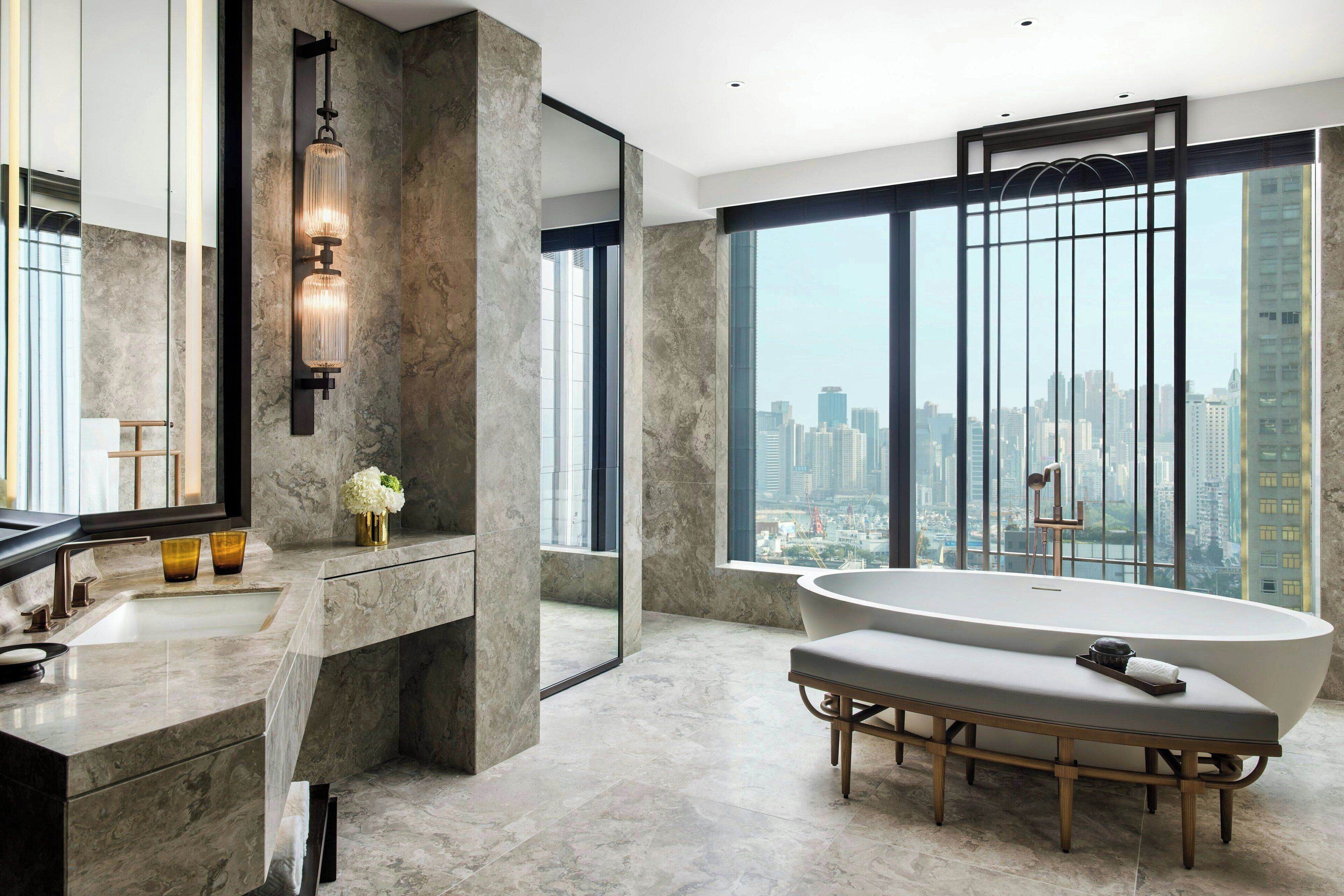 separate bathtub and shower, deep-soaking bathtub, rainfall showerhead