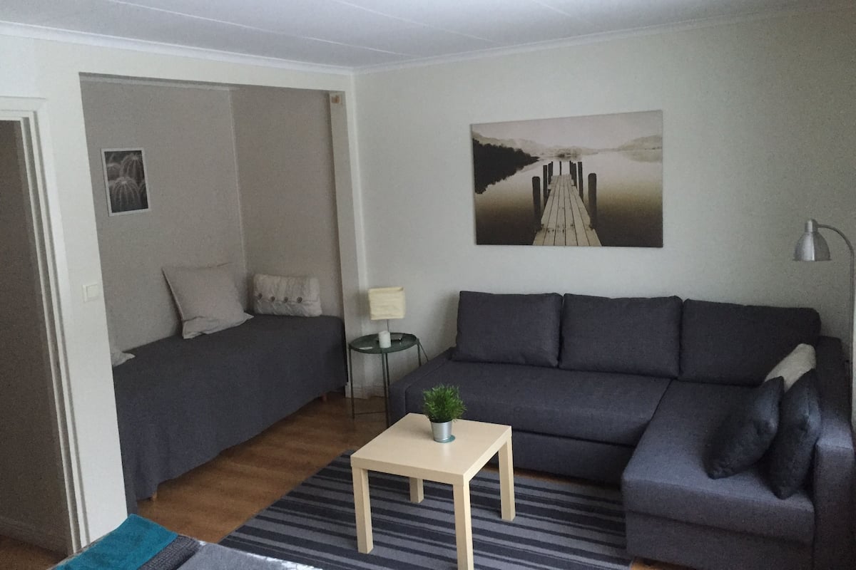 A compact living space with a bed, a sofa, a small table with a plant, and a painting on the wall.