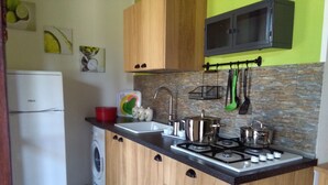A compact kitchen with wooden cabinets, a gas stove, a sink, and a washing machine. - VILLETTA MAGNOLIE in residence 400 mt from the sea, wi-fi free parking space. (San Vito Lo Capo)