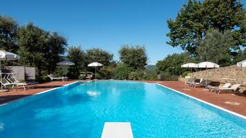 Une piscine rectangulaire à l’eau d’un bleu limpide, entourée de chaises longues et de parasols, avec en arrière-plan des arbres et un mur de pierre.