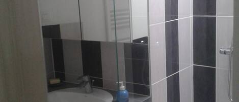 A bathroom with a glass shower enclosure, a sink, and a mirror.