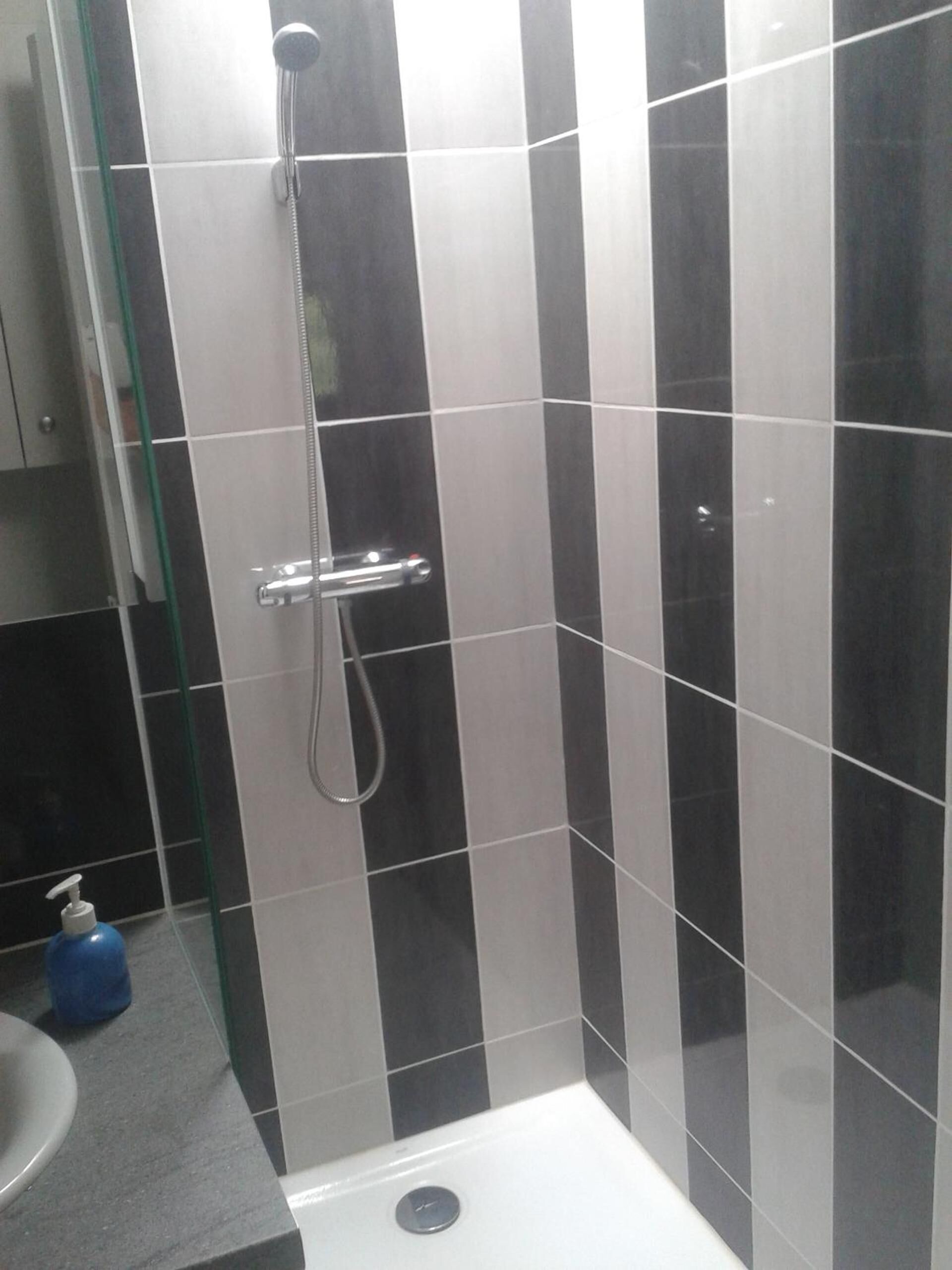 A bathroom with a shower, a sink, and a toilet.