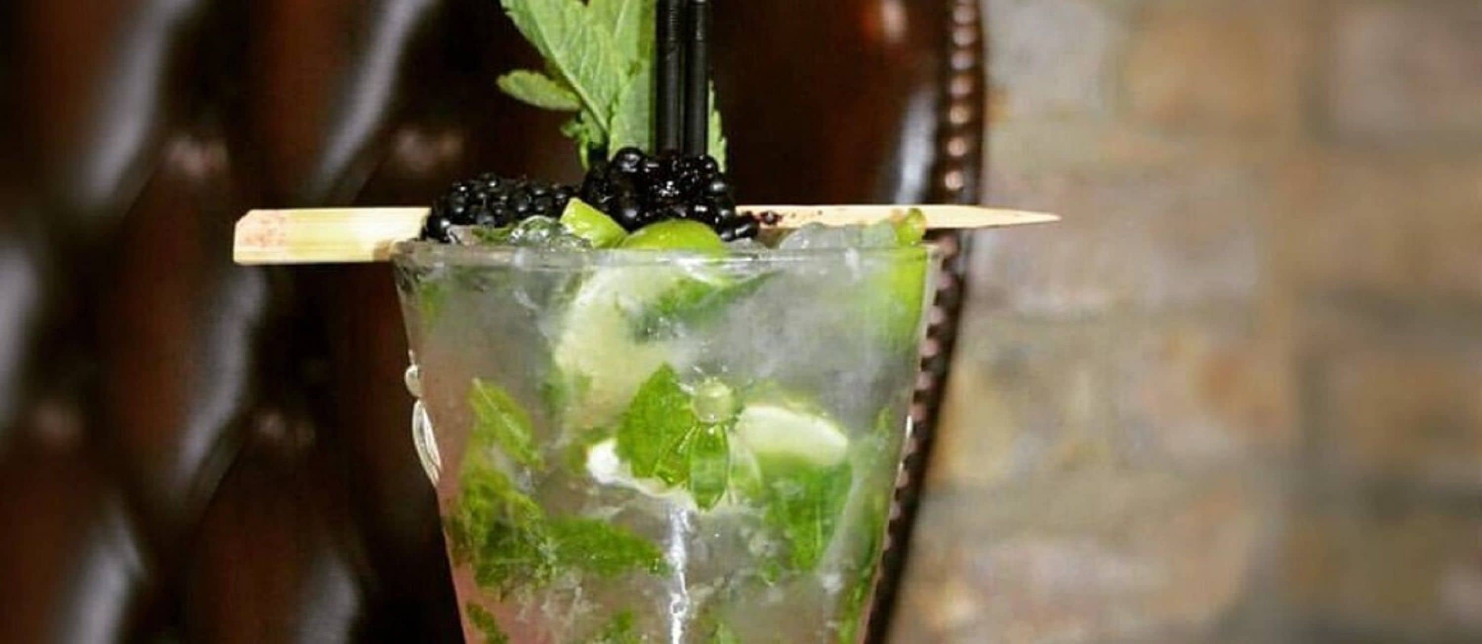A cocktail with a lime wedge, mint leaves, and blackberries.