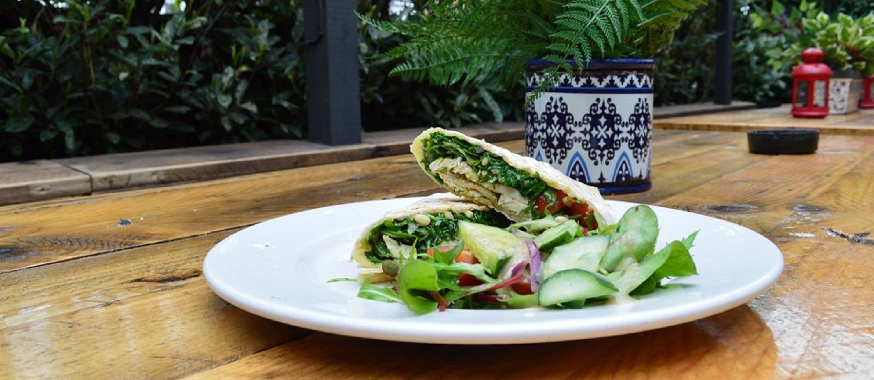Un plato con un wrap y ensalada sobre una mesa de madera, rodeado de macetas y un florero decorativo.