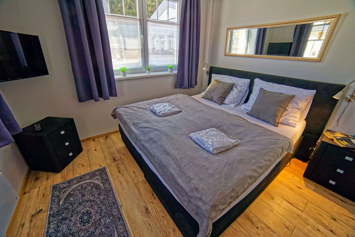 A bedroom with a bed, a TV, a window with curtains, a mirror, and a small plant on the windowsill.