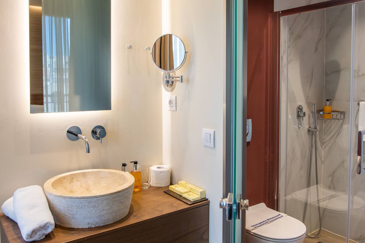 shower, rainfall showerhead, free toiletries, hair dryer