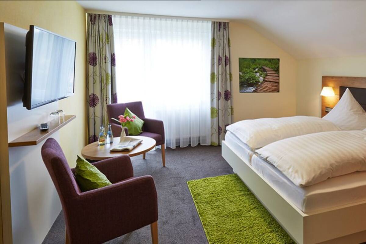 Habitación de hotel con cama, televisor, silla, mesita y alfombra verde.
